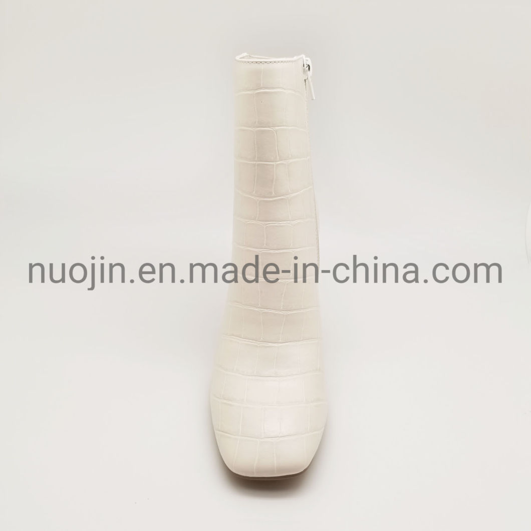 Dames chaussures de mode t&ecirc;te carr&eacute;e bottes d'hiver cylindre moyen fermeture &eacute;clair courte talon &eacute;pais Crocodile PU bottes &agrave; la mode