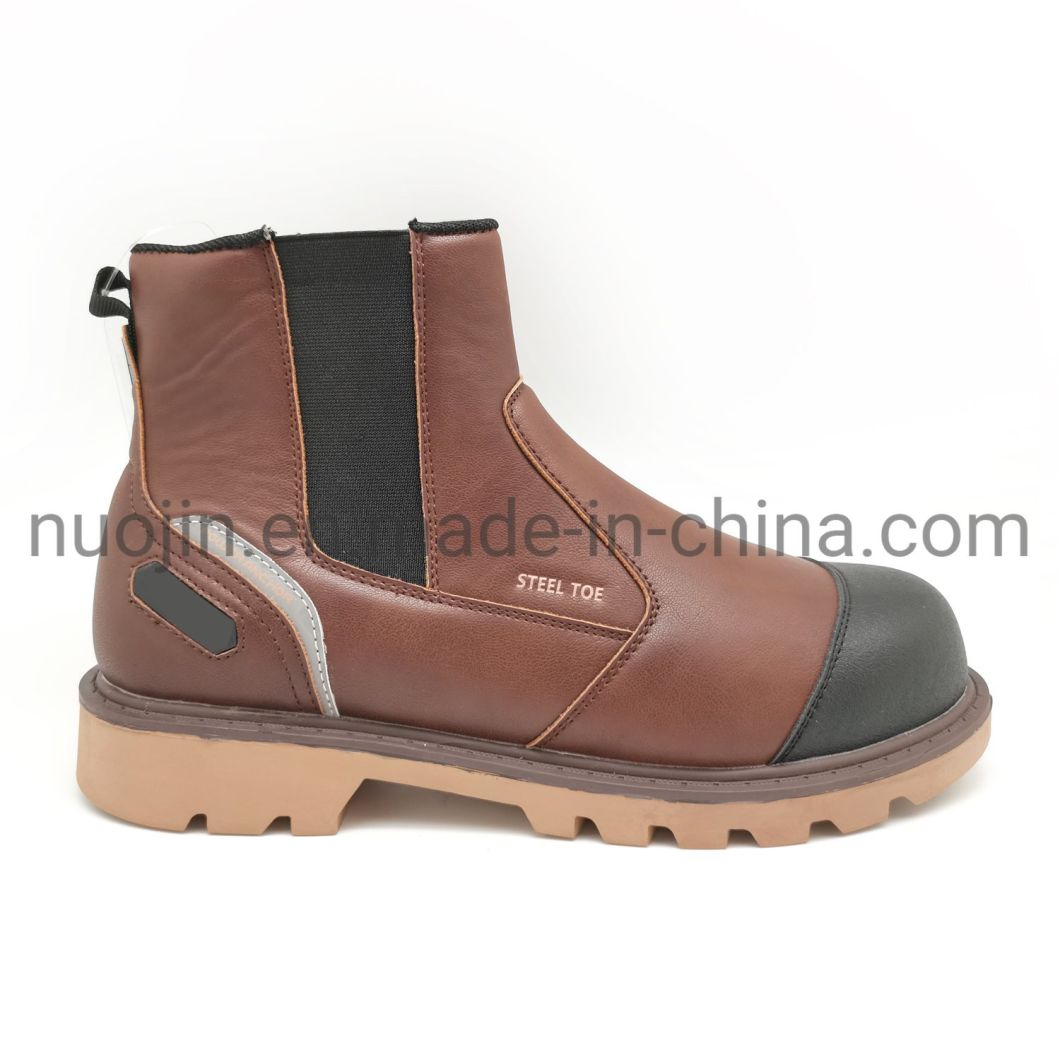 Bottes de travail en cuir marron en gros, bottes de s&eacute;curit&eacute; &agrave; enfiler avec &eacute;lastique lat&eacute;ral, vente en gros