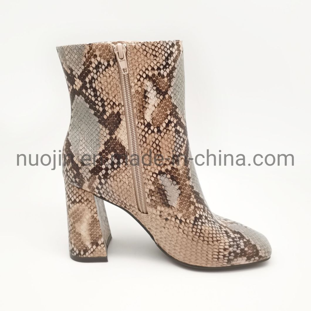 Dames chaussures de mode t&ecirc;te carr&eacute;e bottes d'hiver cylindre moyen fermeture &eacute;clair courte talon &eacute;pais peau de serpent PU bottes &agrave; la mode