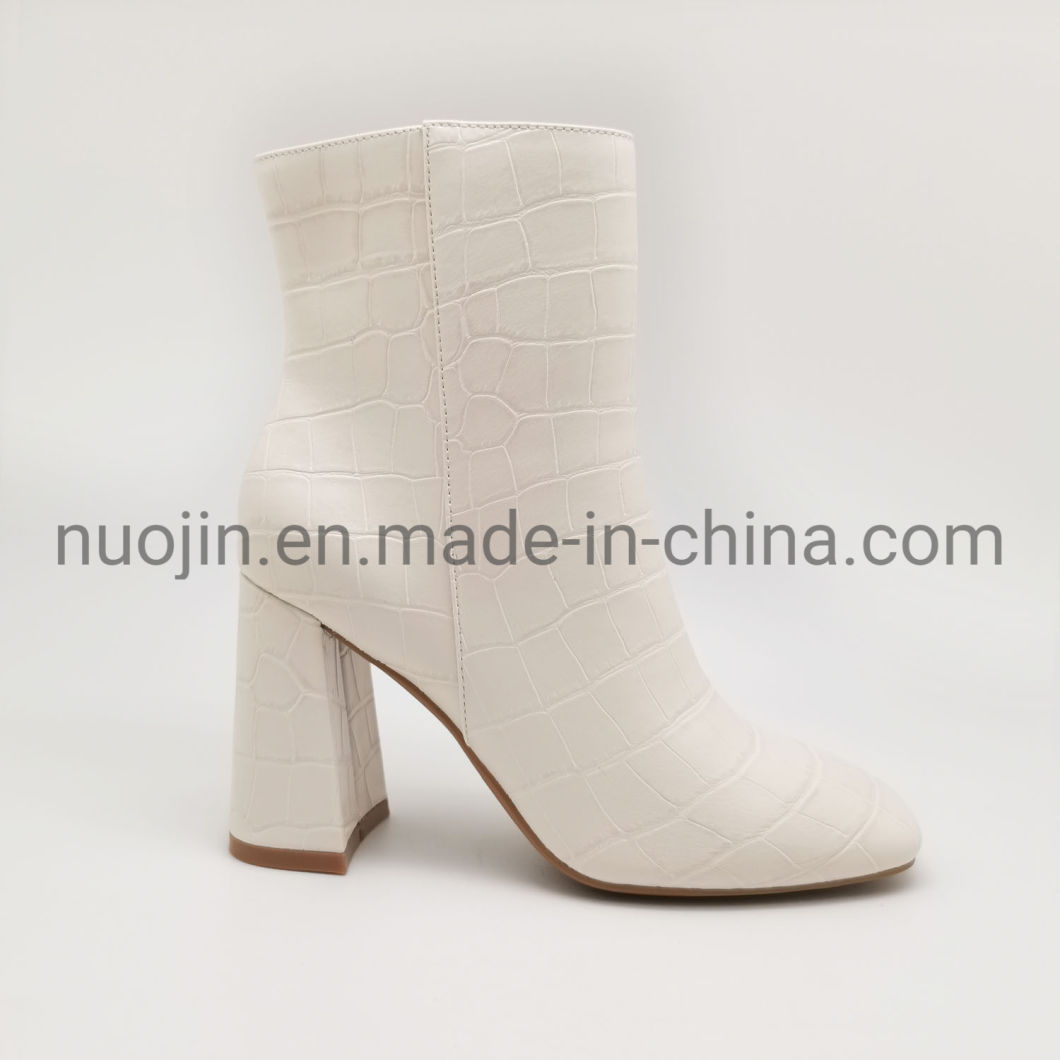 Dames chaussures de mode t&ecirc;te carr&eacute;e bottes d'hiver cylindre moyen fermeture &eacute;clair courte talon &eacute;pais Crocodile PU bottes &agrave; la mode